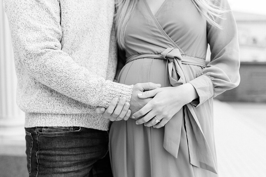Black and white close up maternity photo of expecting couple in Indianapolis, Indiana.