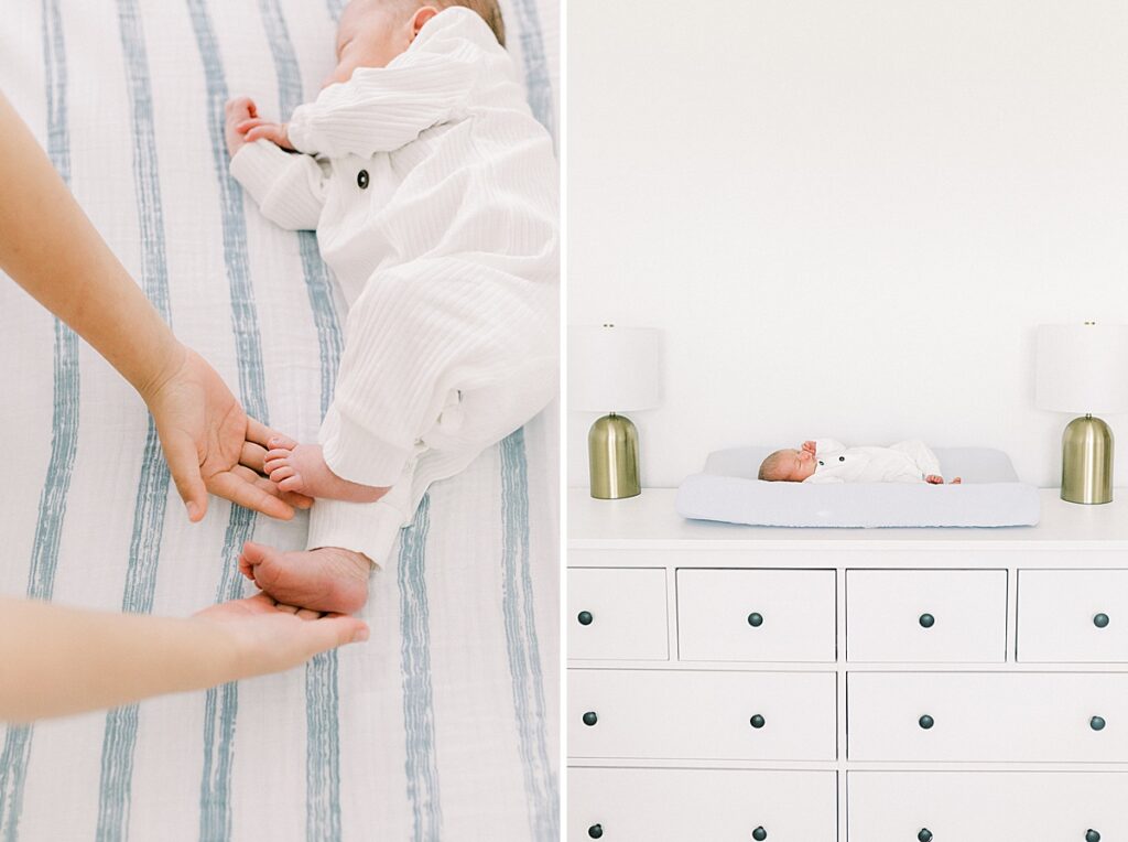A newborn baby poses for a photo in his crib in a photo by Indianapolis photographer, Katelyn Ng