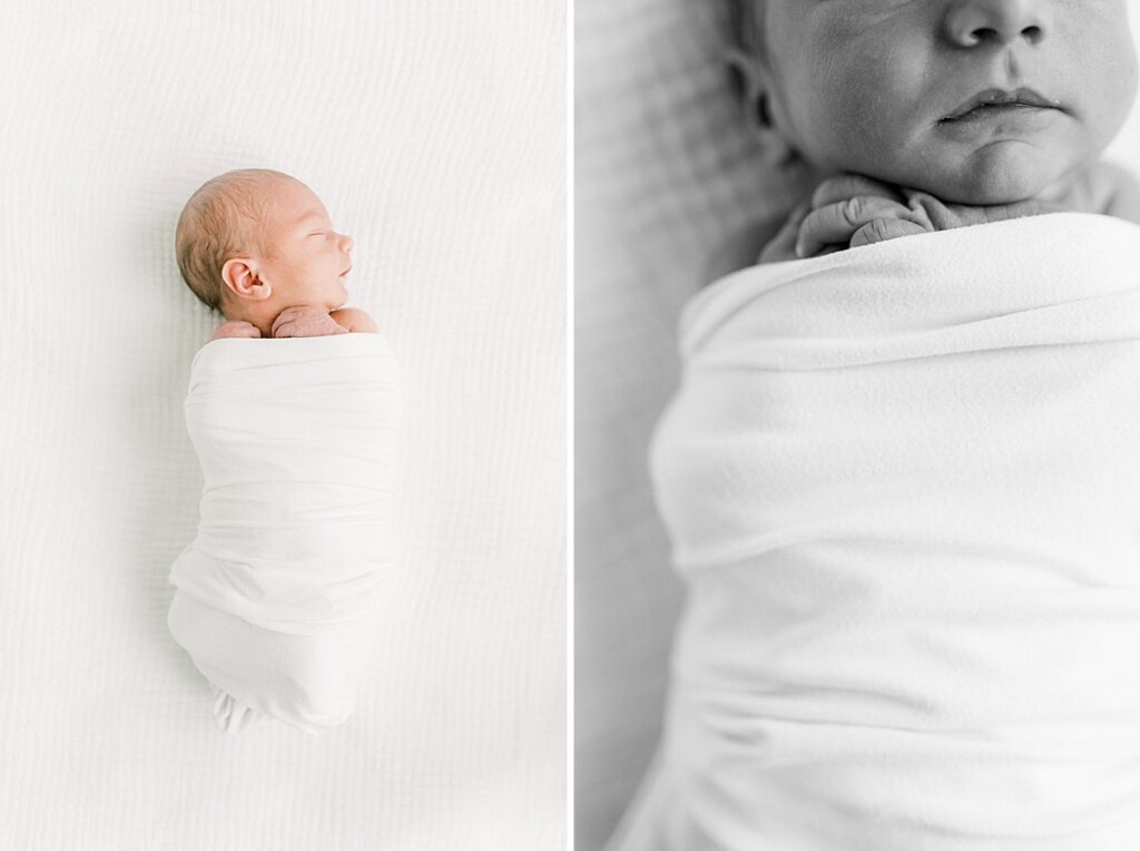 Portrait of newborn baby laying on it's back on a blanket.