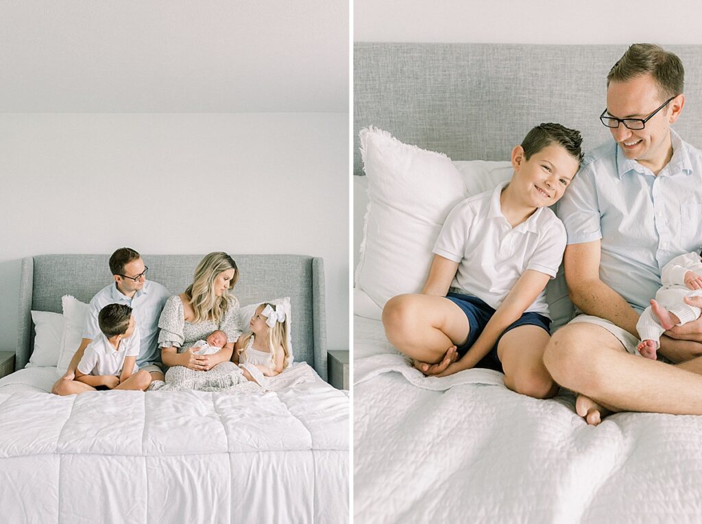 A family of five sits on their bed posing for a photo with their newborn in their Indianapolis home.