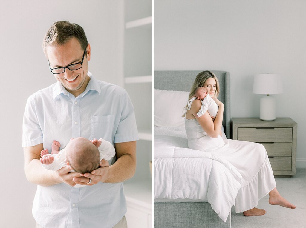 A mother and father hold their newborn son while posing in their Indianapolis home during their newborn photos.