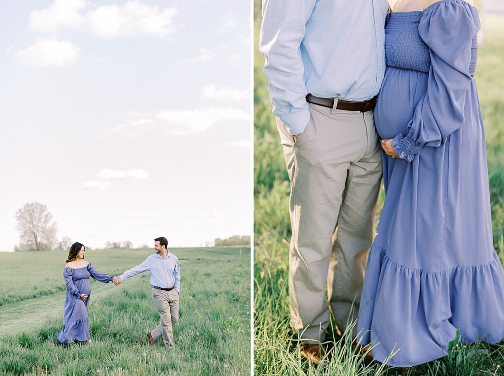 Indianapolis couple poses in a field for a photo by Maternity photographer Katelyn Ng