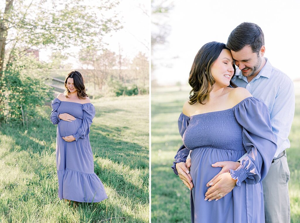A pregnant mother and father pose for a photo in a field at sunset.