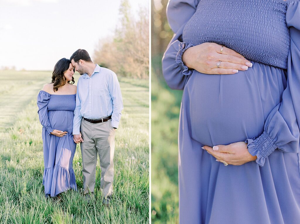 Indianapolis couple stands in a field for a maternity photo by Katelyn Ng Photography