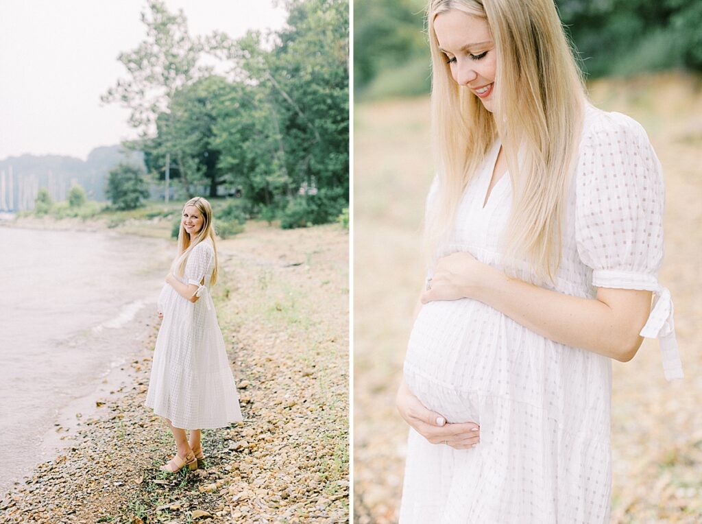 A bloomington Indinana maternity portrait of a blonde young woman in a white dress.
