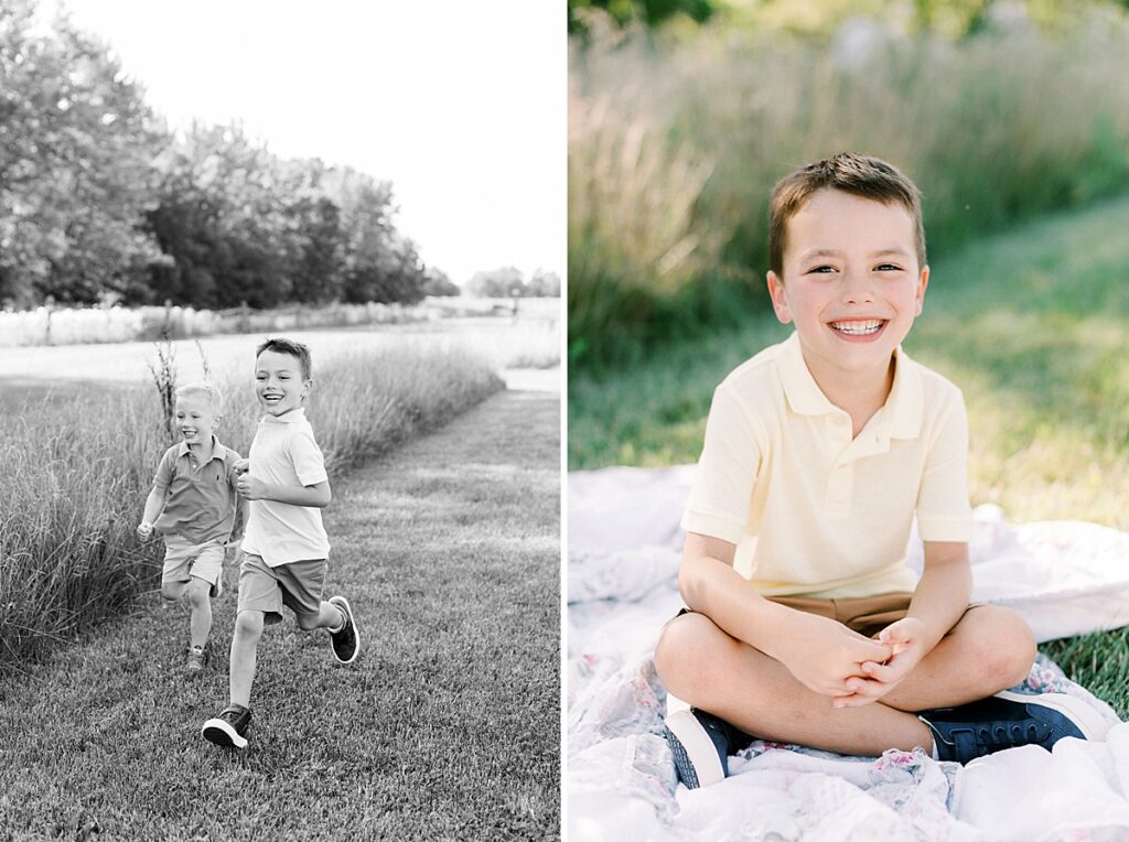 Two little boys run together in a Greenwood Indiana field in a family photo by Katelyn Ng Photography.