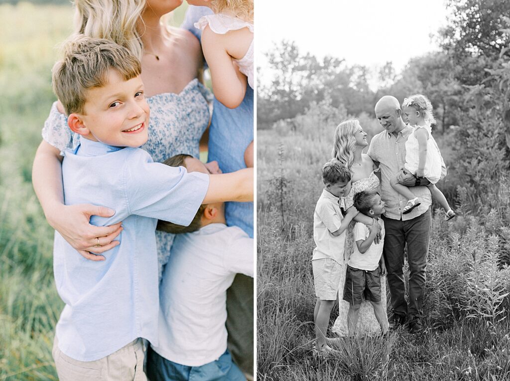 A boy looks at the camera during family photos.