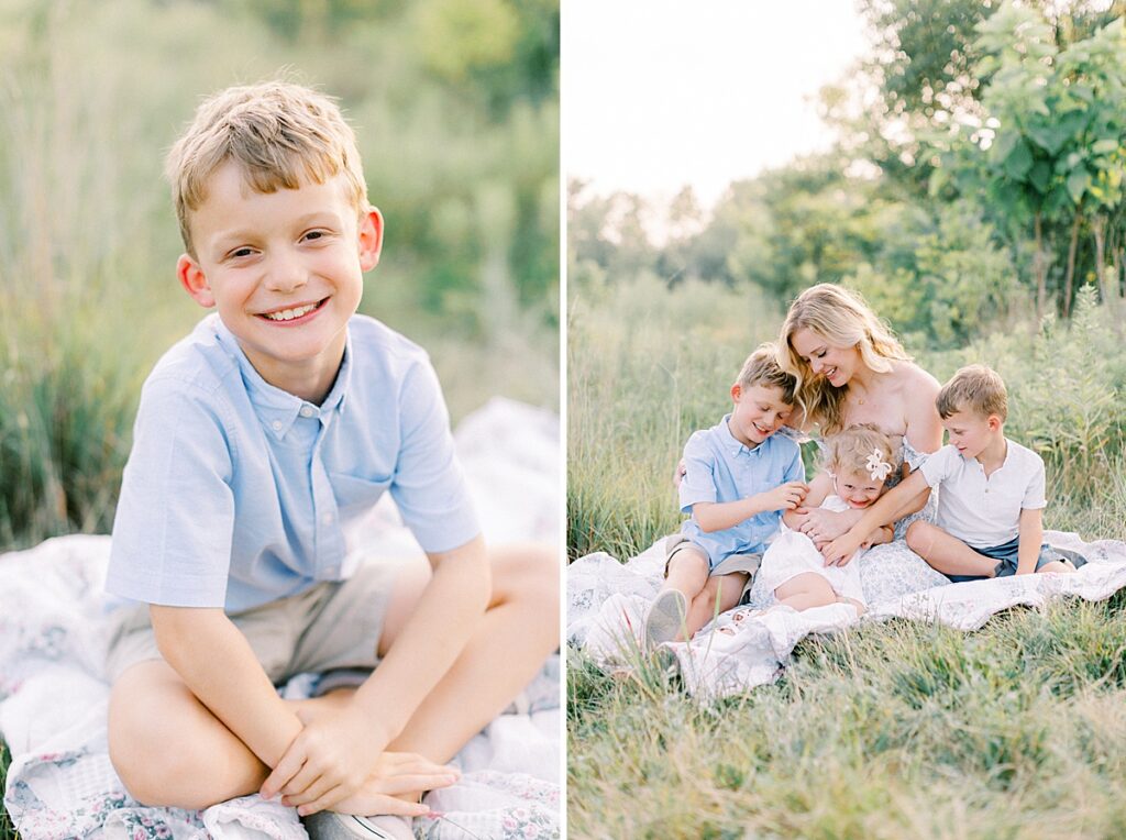 An photo of a young boy wearing a blue shirt, and a mother posing with her children in a photo by Katelyn Ng Photography.