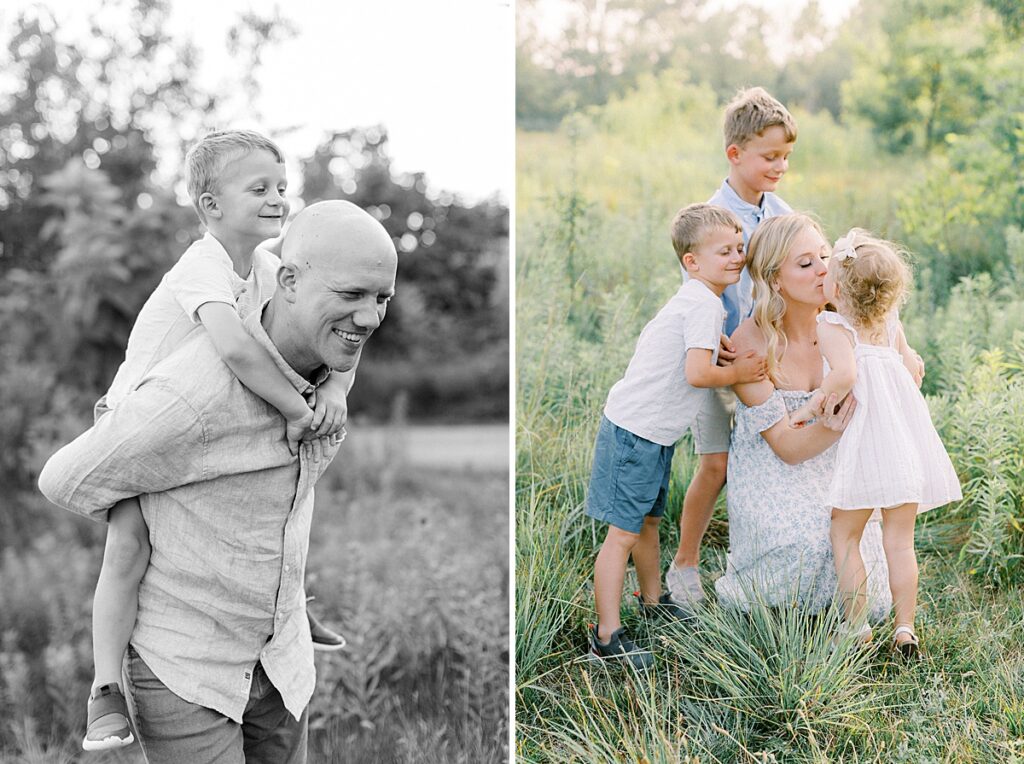 A dad gives his son a piggy back ride while the mother stoops to kiss her little girl in a photo by Carmel, Indiana family photographer, Katelyn Ng Photography.