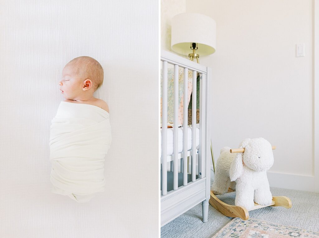 White crib and light and airy nursery decor for a baby girl