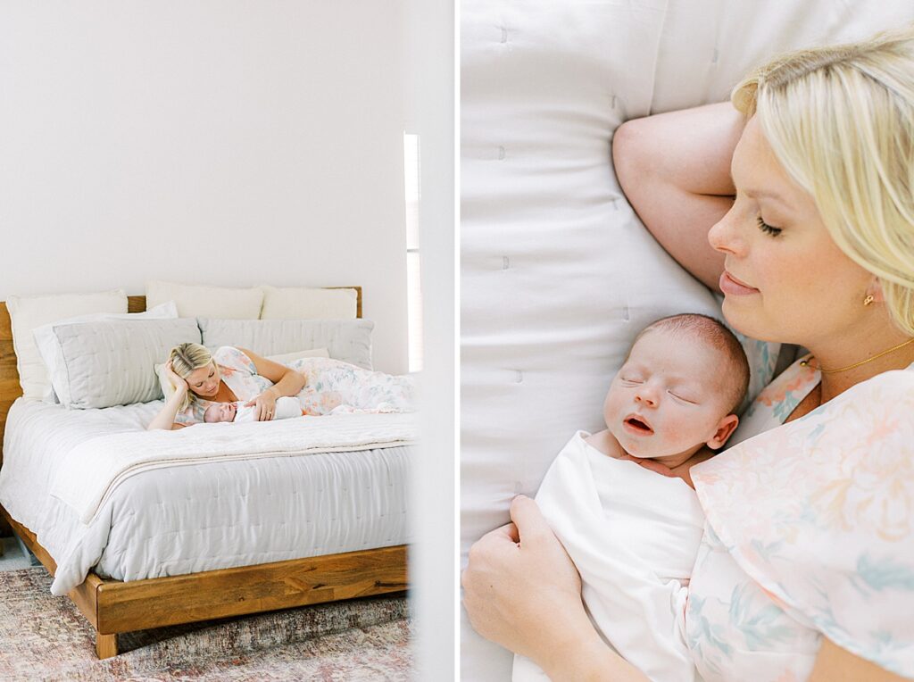 Mom lies on a bed holding her baby girl in a photo by Carmel Newborn Photographer.