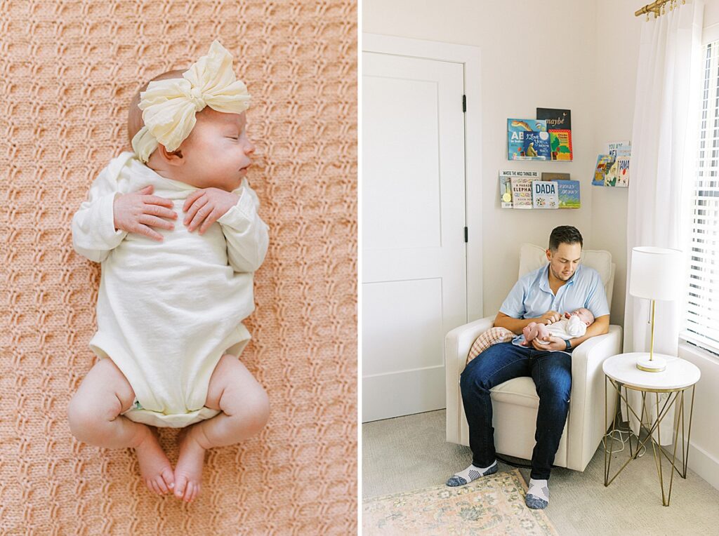 Baby girl lies on a pink blanket while wearing a cream bow in a photo by Carmel Newborn Photographer.