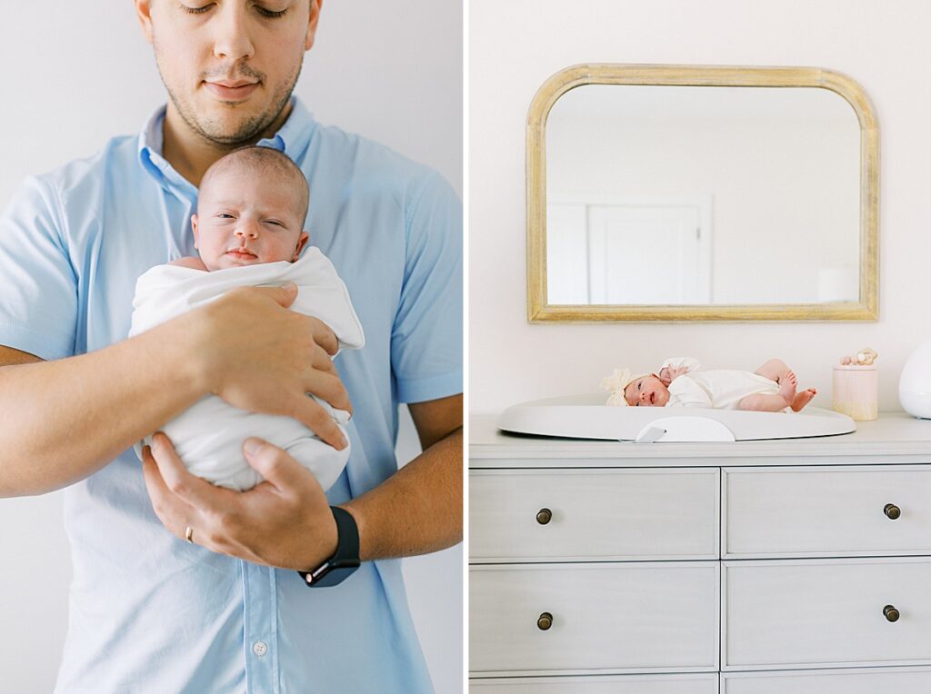 Father wearing a blue shirt holds his baby girl in a newborn photo by Katelyn Ng