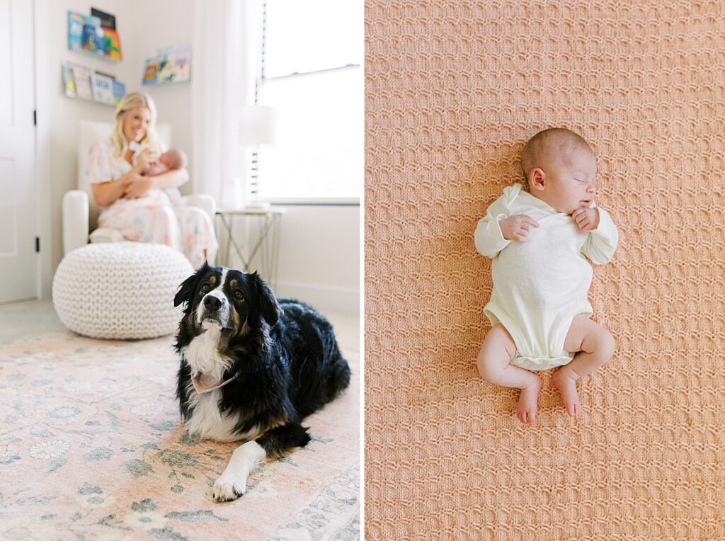Newborn baby and mother pose with family's dog in a photo by newborn photographer Katelyn Ng