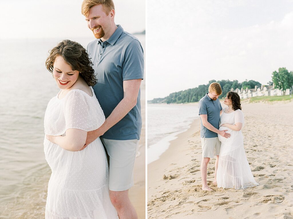 A man and woman pose for a maternity photo in Holland Michigan, a babymoon destination close to Indianapolis.