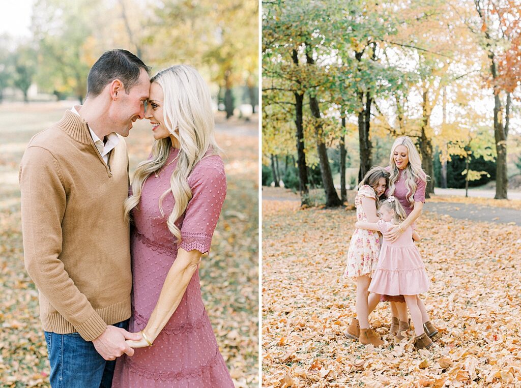 A man and a woman embrace in their fall family photos in Carmel Indiana.