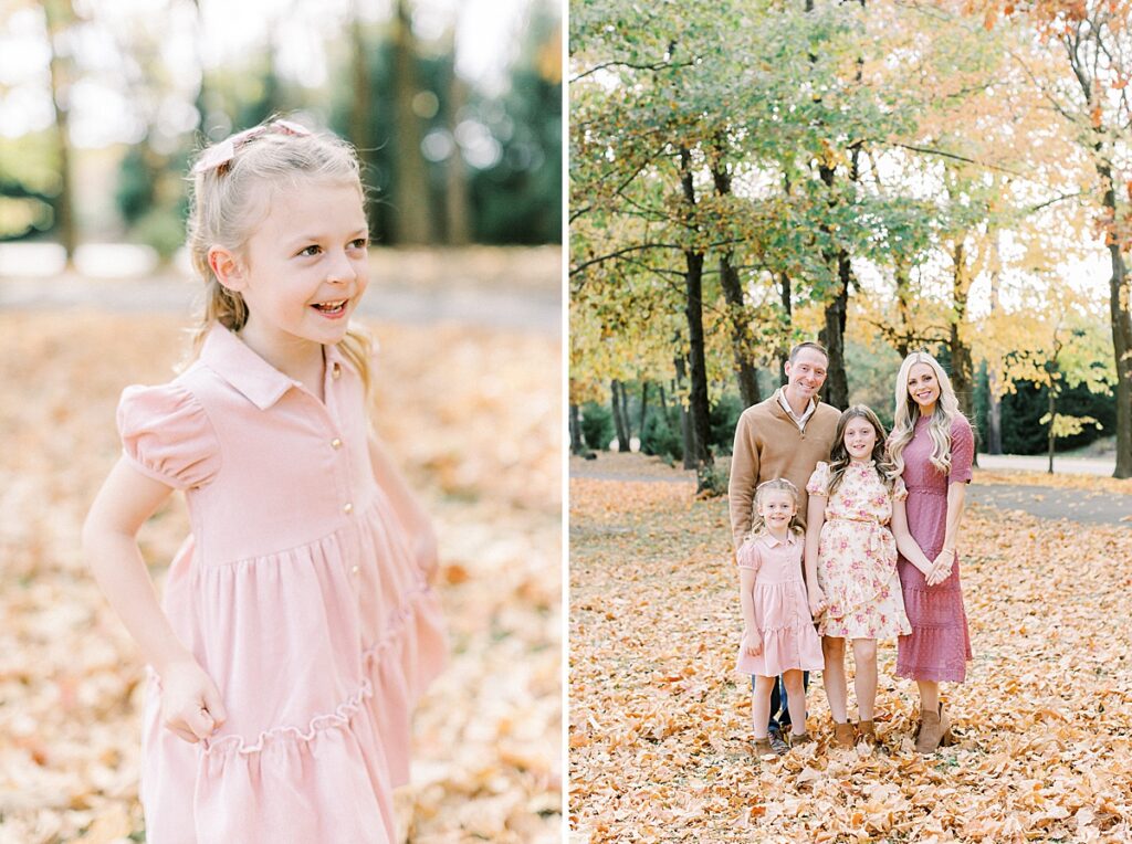 A family dressed in tan, pink and mauve stand among fall foliage during their fall family photos in Carmel Indiana.