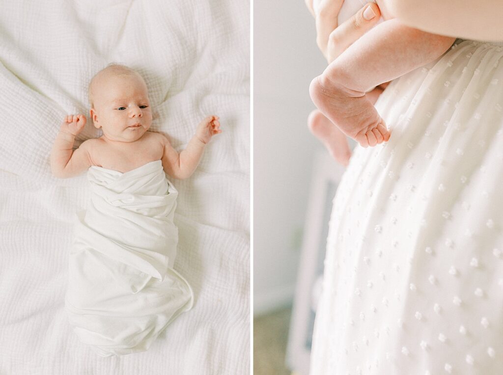 Detail newborn photos of a little boy wrapped in a white blanket by Katelyn Ng Photography. 
