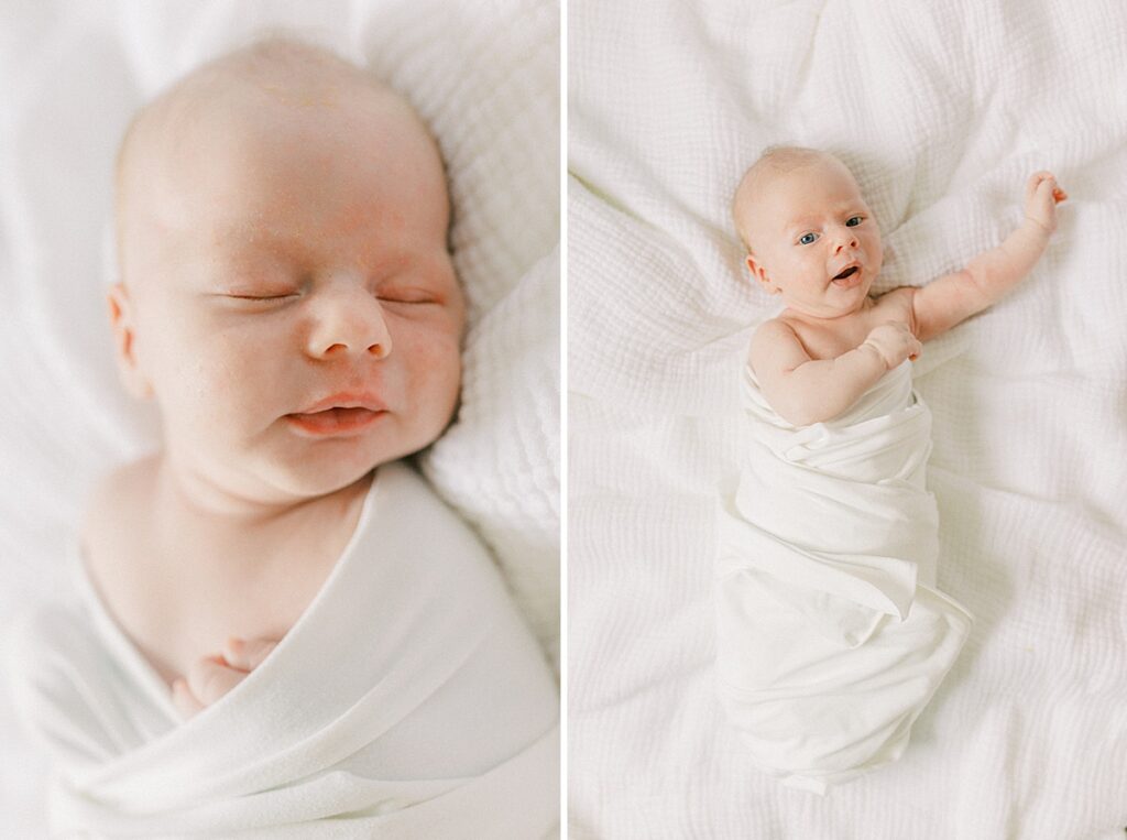 A newborn baby boy wrapped in a white swaddle poses during his in-home newborn photos.