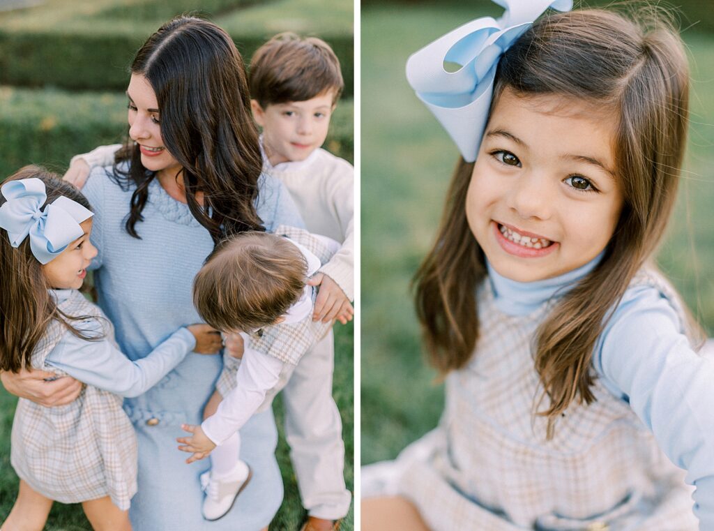 A little girl smiles up at the camera while her mother snuggles her children in a photo by Carmel, Indiana family photographer Katelyn Ng Photography.