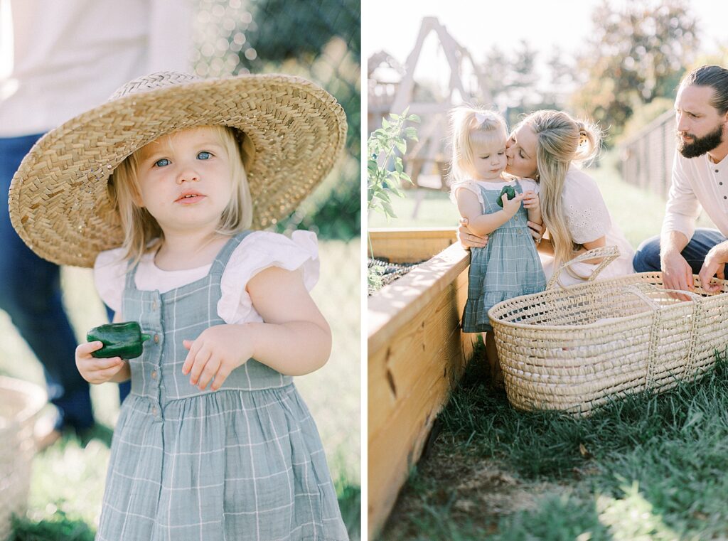 A little girl in a straw hat holding a green pepper stands next to her parents in their backyard garden in a photo by Indianapolis Newborn Photographer, Katelyn Ng.