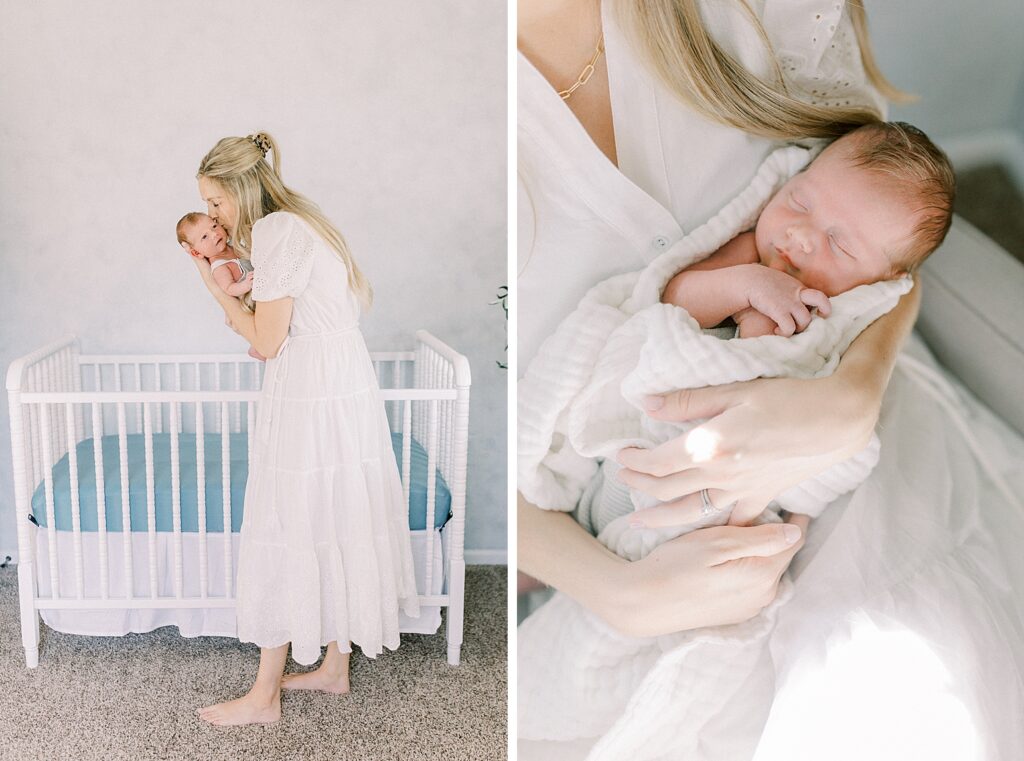 A mother kisses her baby boy and holds him close in a newborn photo by Indianapolis photographer Katelyn Ng Photography.