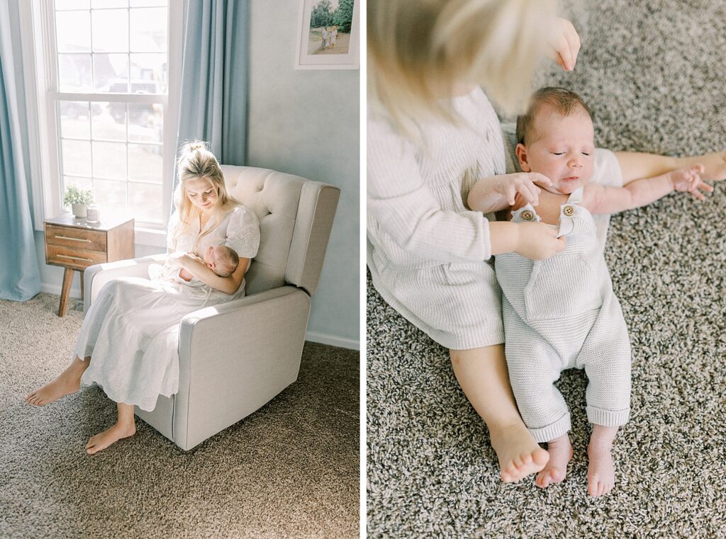 A mother rocks her little newborn baby boy in front of a sunny window during their newborn photos by Indianapolis photographer, Katelyn Ng Photography.