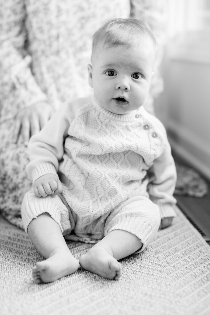 A black and white portrait of a baby boy by Indianapolis in-home family photographer Katelyn Ng.
