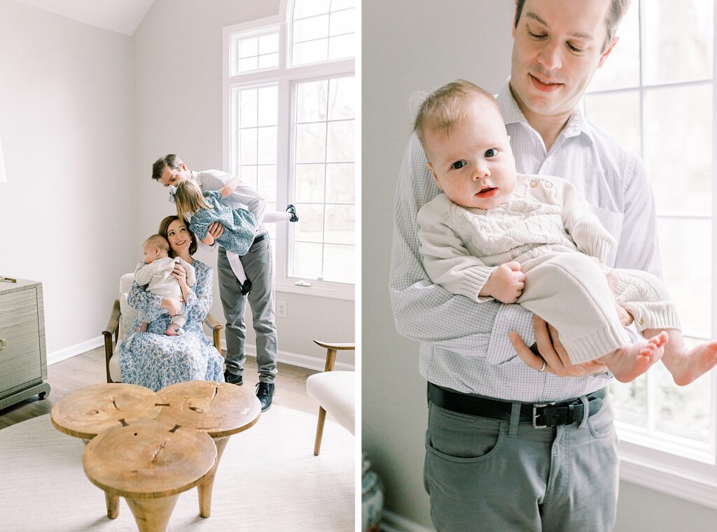 An Indianapolis family of four plays lightheartedly together during their in-home family portraits by Katelyn Ng Photography.