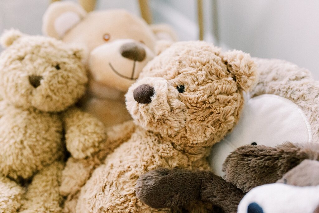 A close up photo of teddy bears in a nursery.