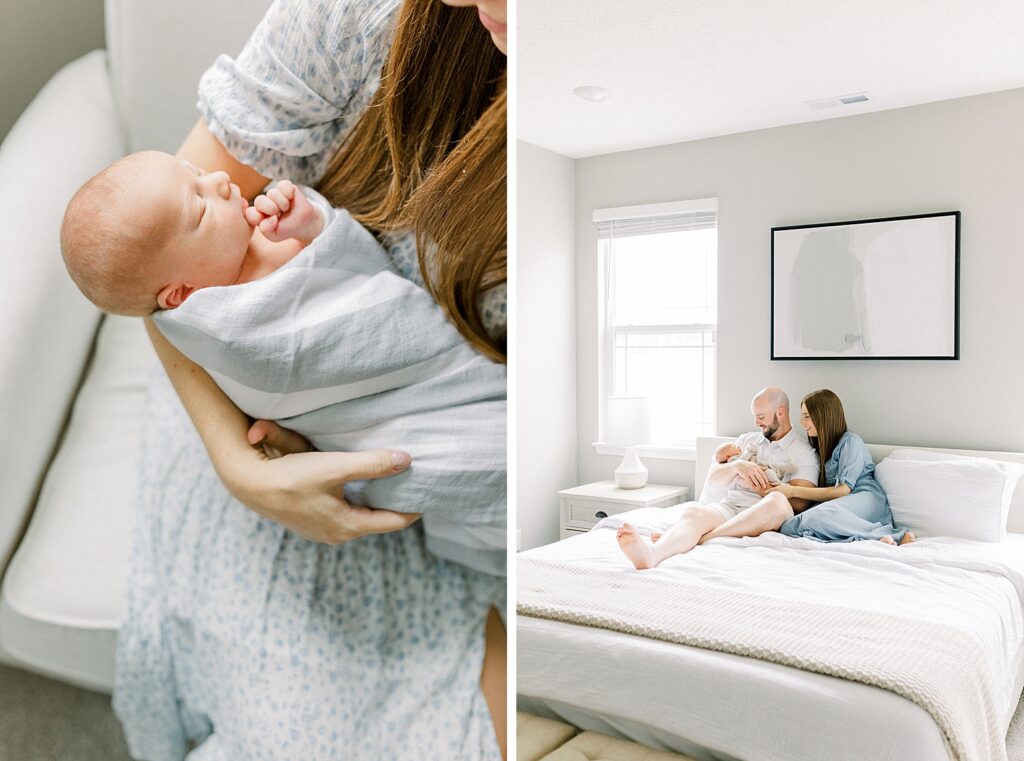 A mother holds her newborn son and snuggles next to her husband during their in-home newborn photos with Indianapolis photographer Katelyn Ng.  
