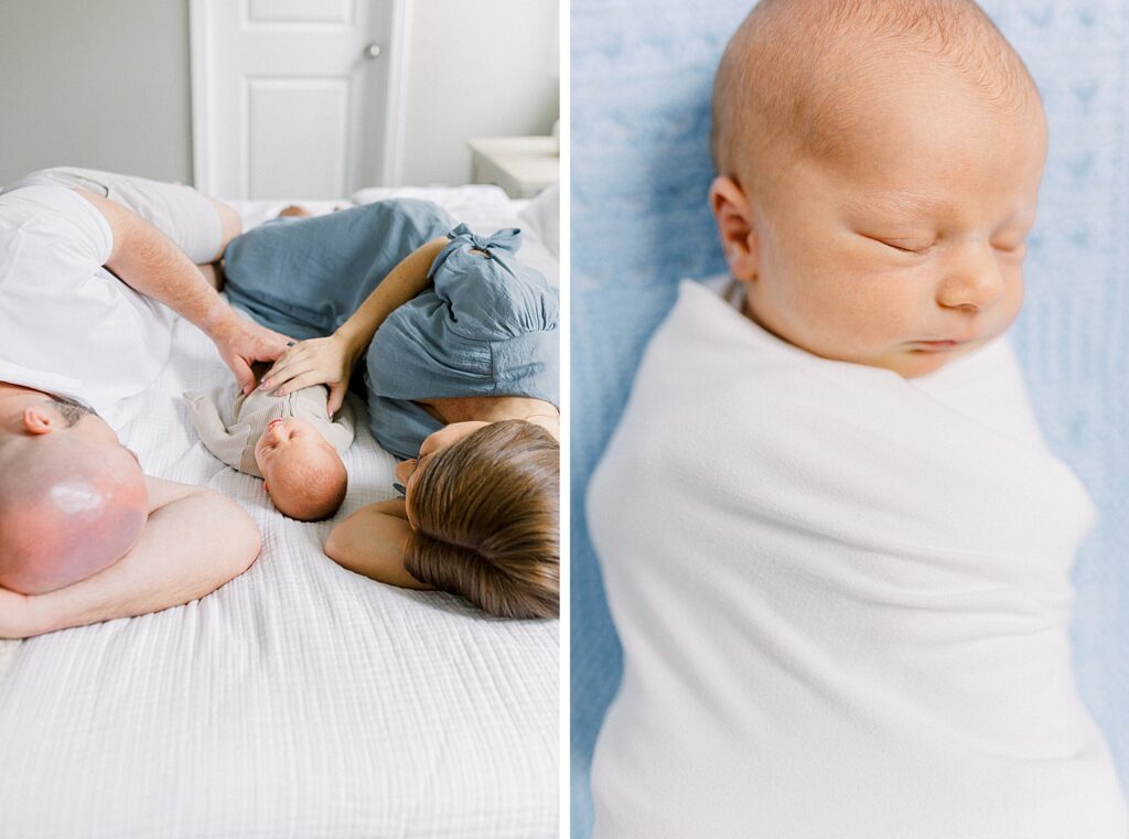 A newborn baby boy snuggles in between his parents during their in-home newborn photos by Indianapolis based photographer, Katelyn Ng Photography