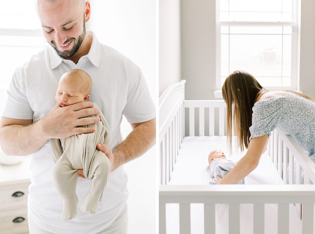 A mother and father snuggle their newborn baby boy in their bright white nursery.