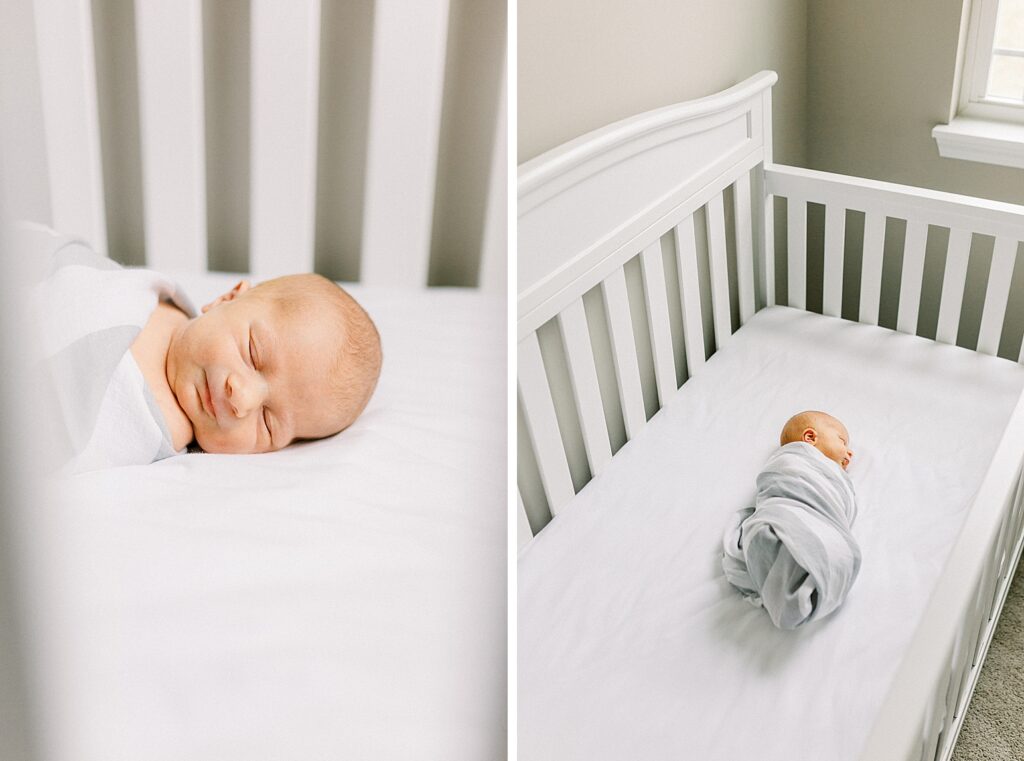 A baby lays in his white crib in his Indianapolis home during his newborn photos with Katelyn Ng Photography. 
