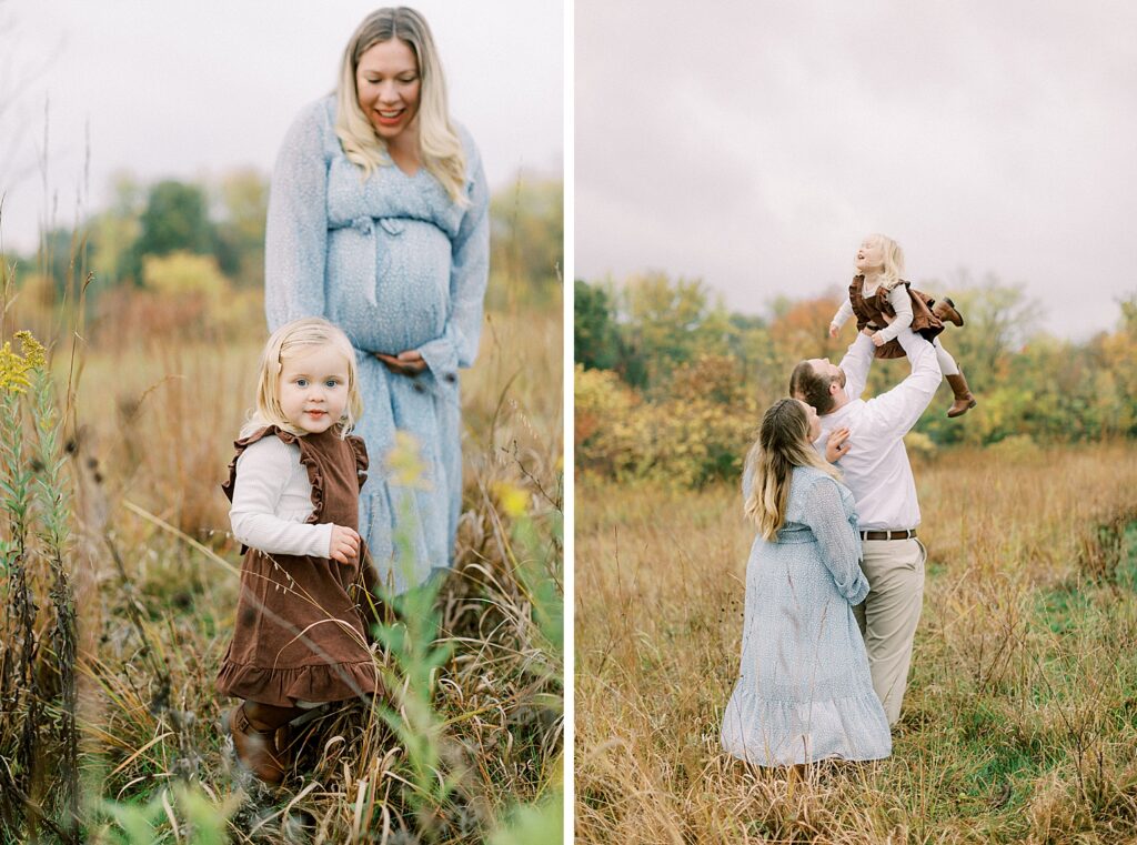 A little girl walks through a field in Carmel, Indiana with her mother during their family's maternity photos with Katelyn Ng Photography.