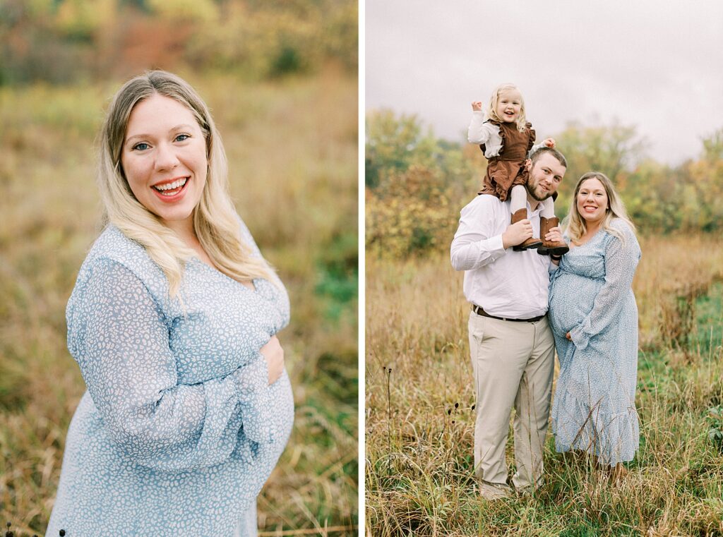 A mother and father stand with their little girl and smiles at the camera during their family photos with Carmel, Indiana photographer Katelyn Ng Photography.