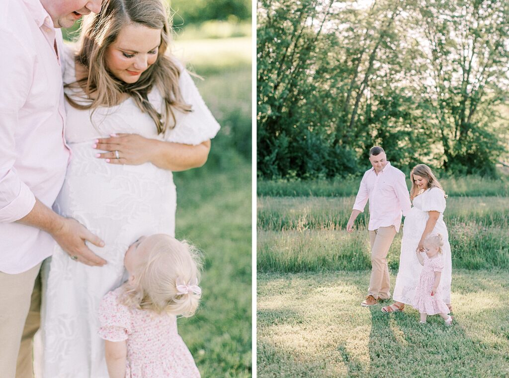 A mother looks adoringly at her little blonde daughter who kisses her pregnant belly during their time with Indianapolis family photographer, Katelyn Ng.