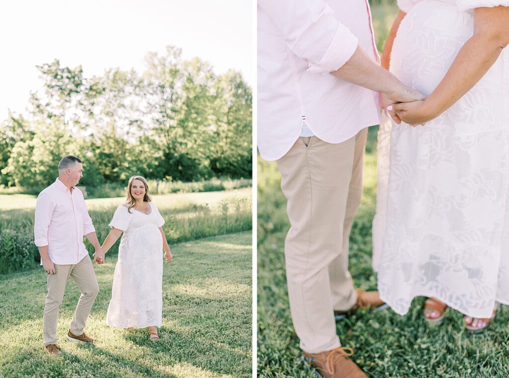 A husband and wife hold hands and walk together as they enjoy their photos with Indianapolis family photographer Katelyn Ng.