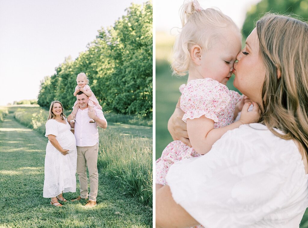 A family of three poses in a photo together while a mother kisses her daughters nose during their family photo session with Katelyn Ng Photography.