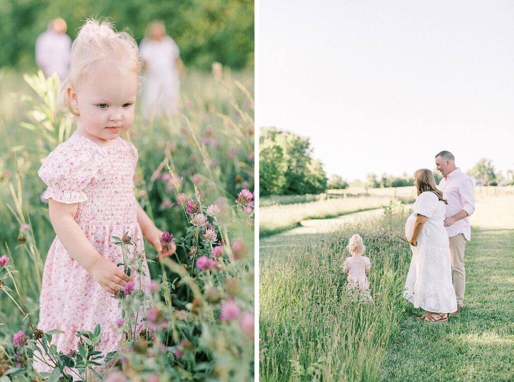 A little girl stands in wildflowers while her father and mother look on in a family photo by Katelyn Ng Photography.