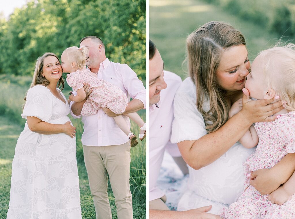 A little girl leans in to kiss her mother during her family portraits with Indianapolis family photographer Katelyn Ng.