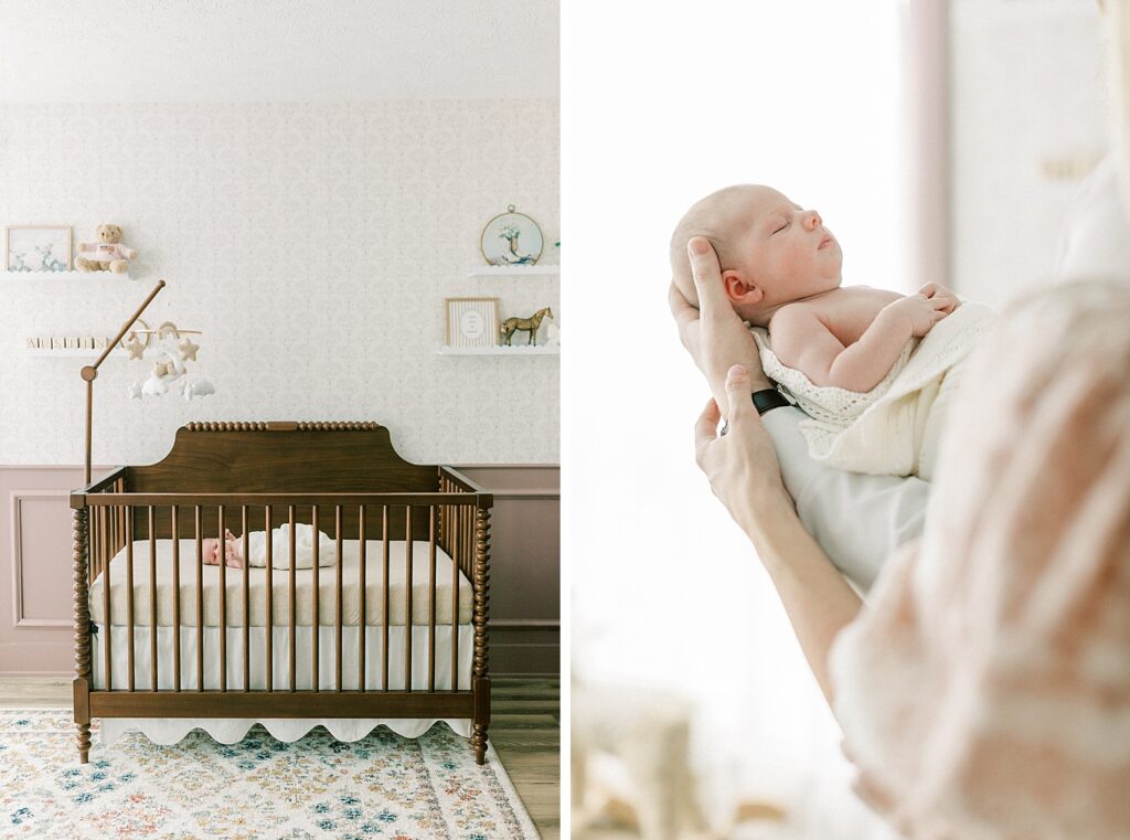 A newborn baby girl in her brown crib. 