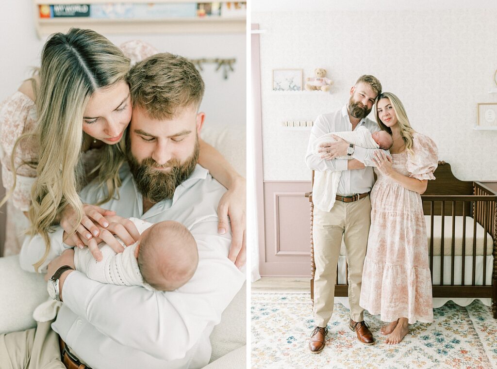 A mother leans over her husband's shoulder as he quietly smiles down on their newborn daughter during their newborn photos in Indianapolis.