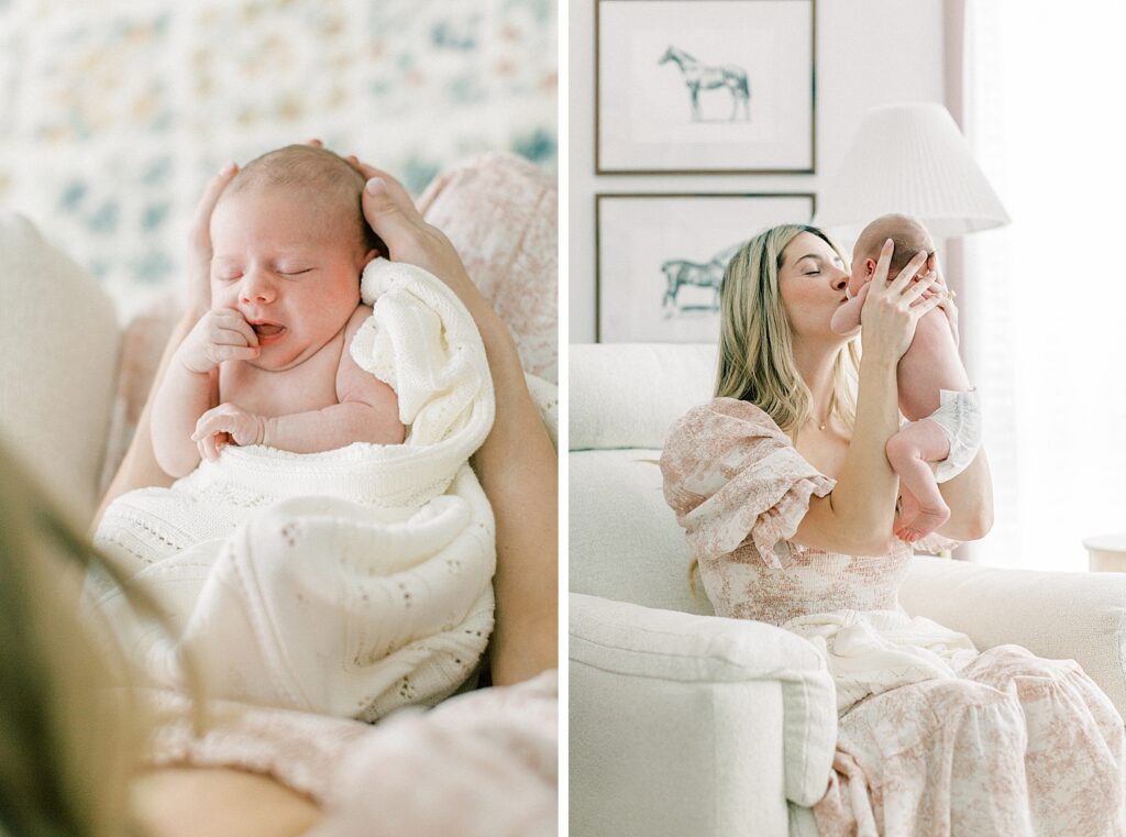 A mother tenderly holds her newborn daughter who is swaddled in a white blanket during her newborn photos in Indianapolis.