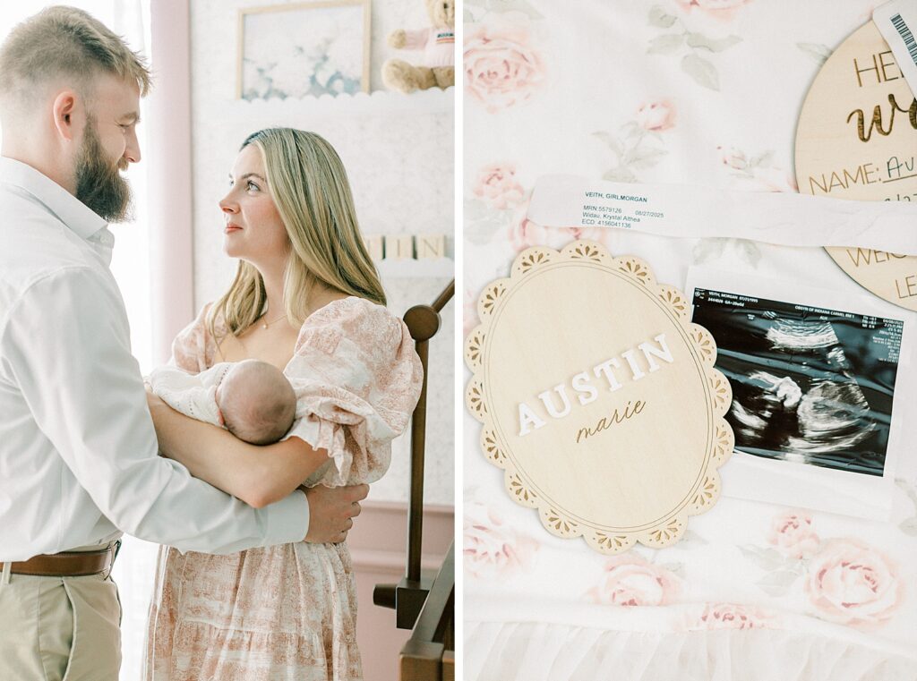 A new mom and dad share a loving look as they hold their tiny newborn daughter.