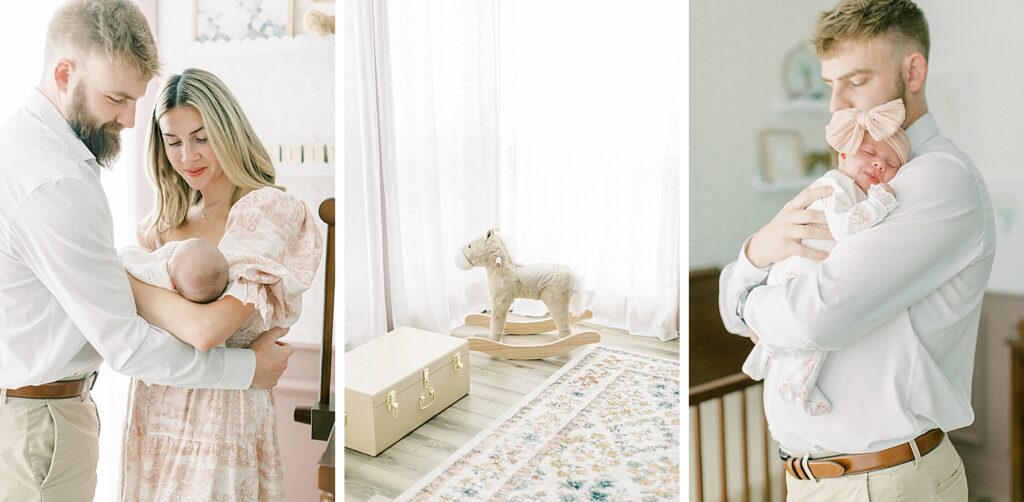 A mother holds their newborn daughter as the father tenderly looks on during their newborn session.