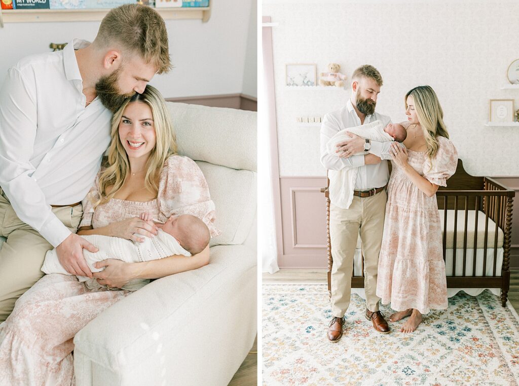 A new mom and dad stand in front of the crib in their newborn daughter's nursery during their newborn photos in Indianapolis.