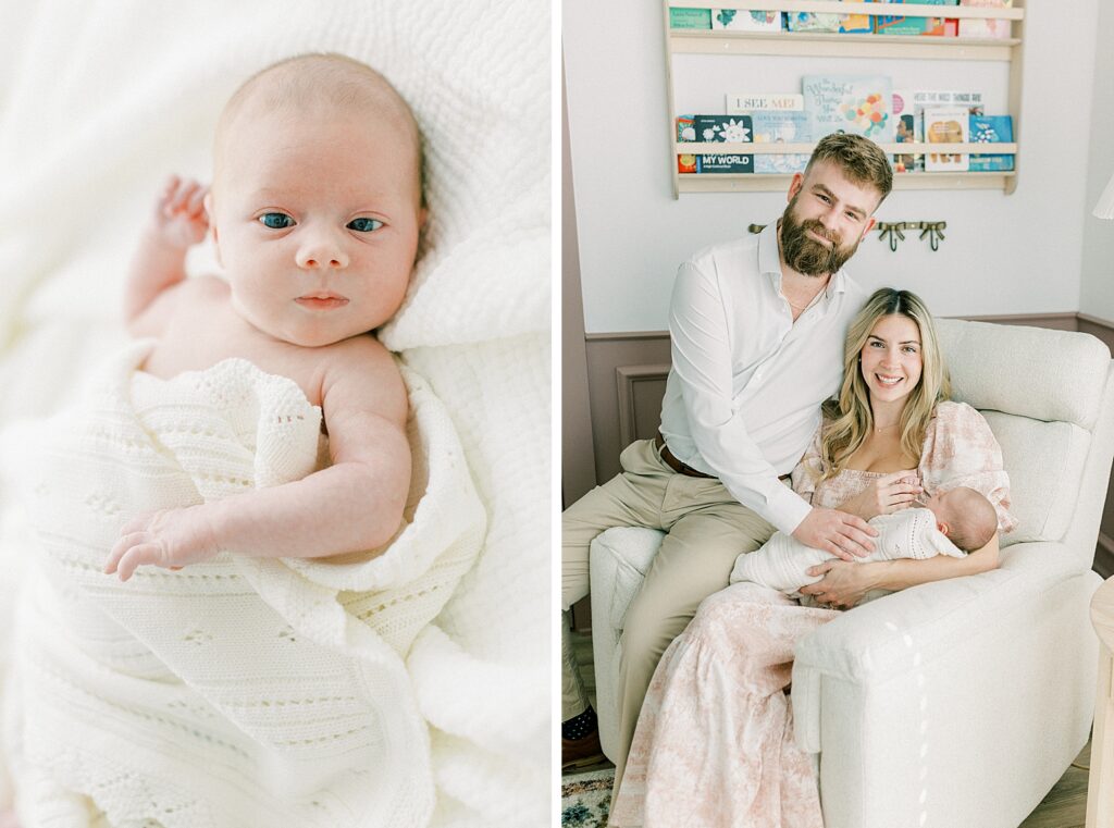 An awake and alert newborn girl is looks at the camera during her newborn photos in Indianapolis. Her parents, who are proud, smile happily as they hold her. 